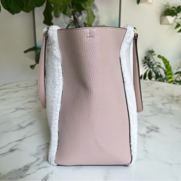 Tory Burch McGraw Shearling Fleece Fur & Leather Tote Bag Sand Beige Pink Ivory - Picture 6 of 16